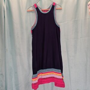 Akemi Kin Crochet Trim Swing Dress Womens XS Navy Multicolor Boho Style EUC